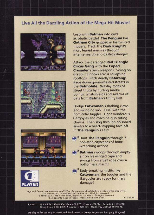 Batman Returns Sega Genesis Back Cover