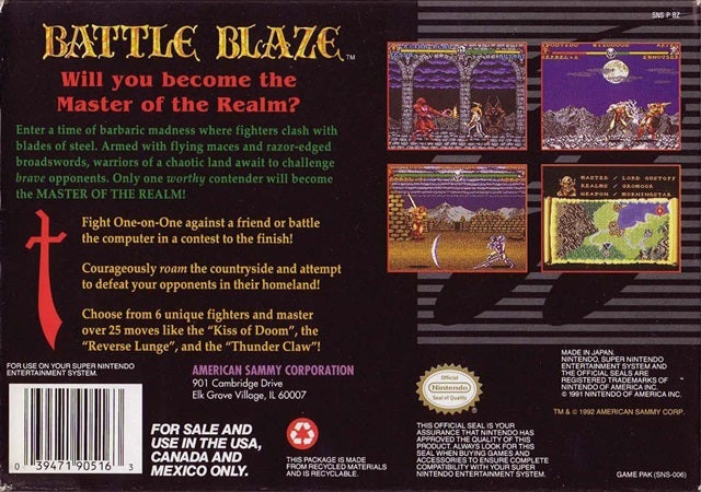 Battle Blaze Super Nintendo SNES Back Cover