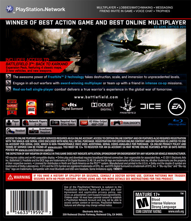Battlefield 3 Limited Edition Back Cover - Playstation 3 Pre-Played