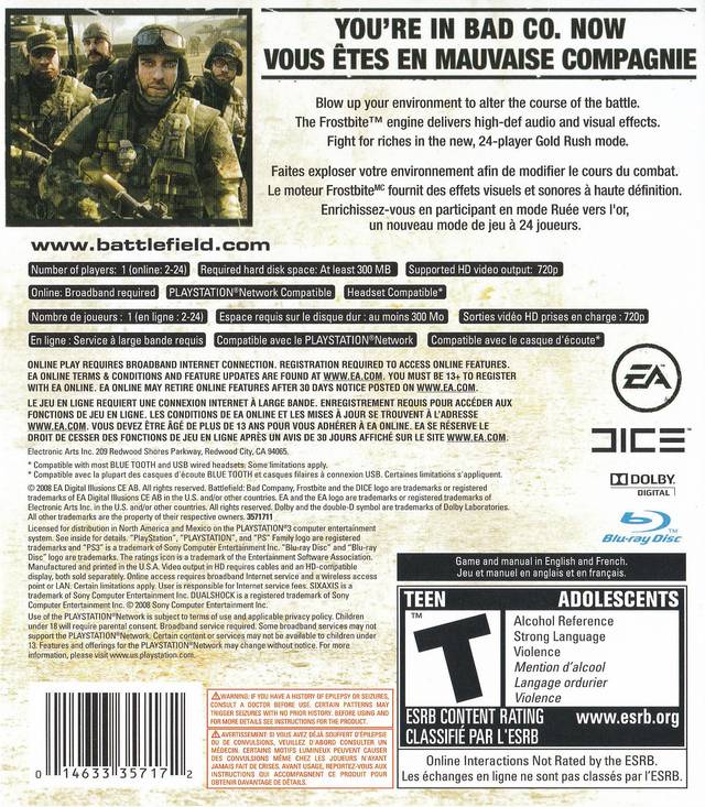 Battlefield Bad Company Playstation 3 Back Cover