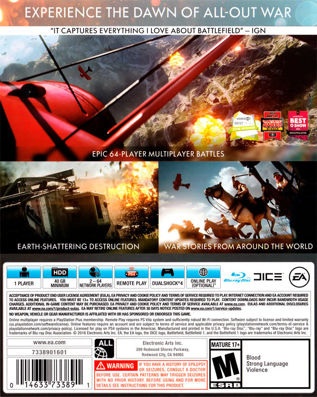 Battlefield 1 Playstation 4 Back Cover