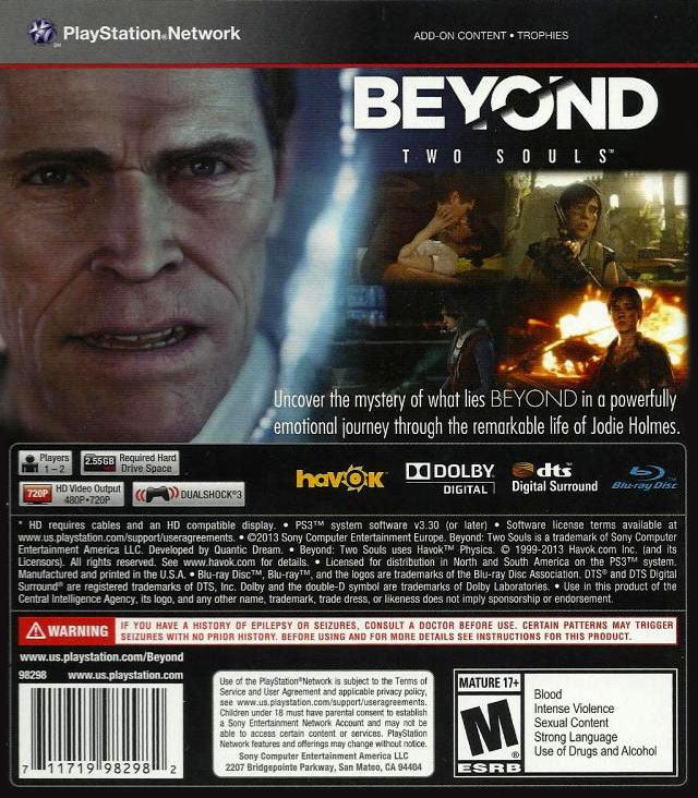 Beyond Two Souls Playstation 3 Back Cover