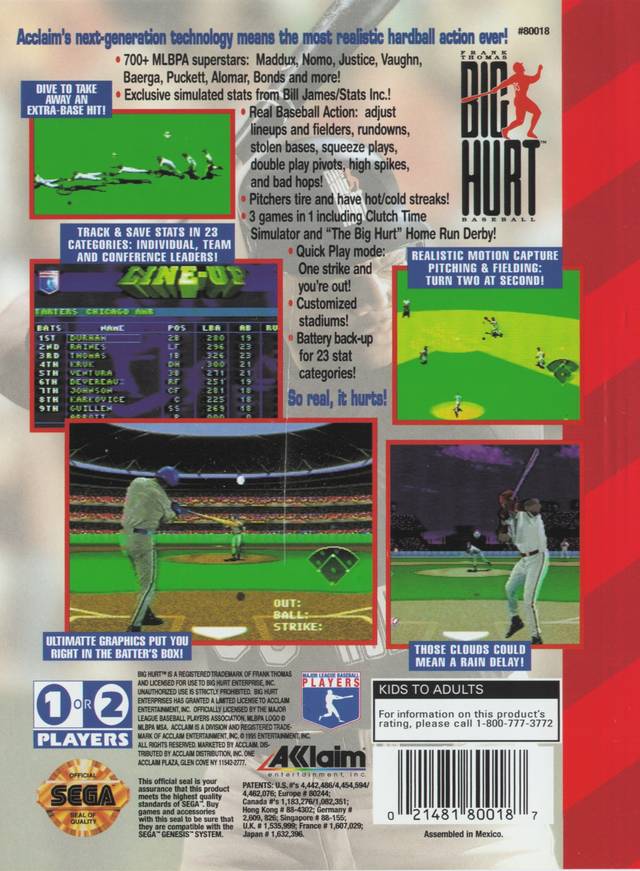 Big Hurt Baseball Sega Back Cover Preplayed 