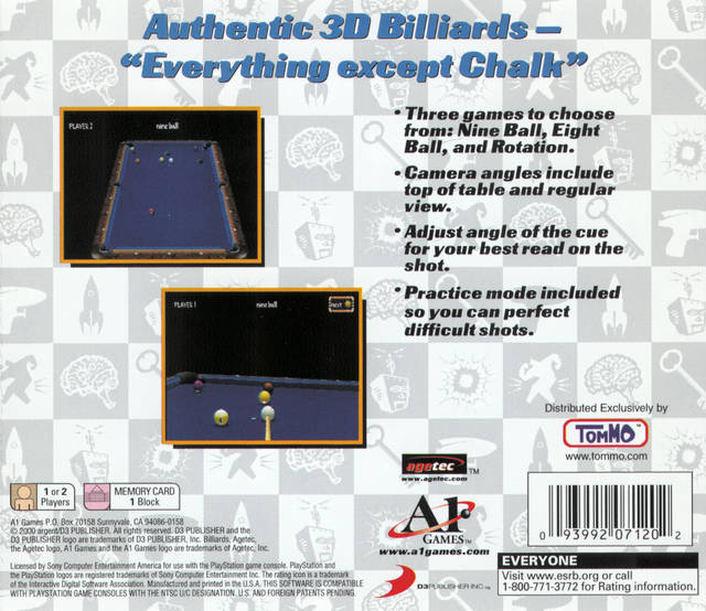 Billiards Playstation 1 Back Cover Pre-Played