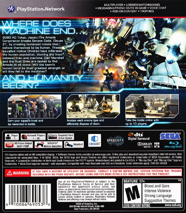 Binary Domain Playstation 3 Back Cover