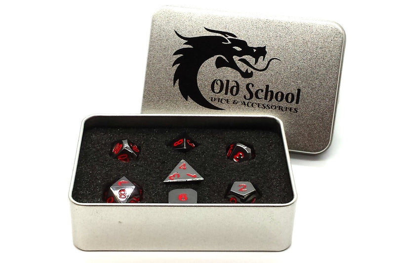 Halfling Forged: Black Nickel with Red - Old School 7 Piece RPG Metal Dice Set