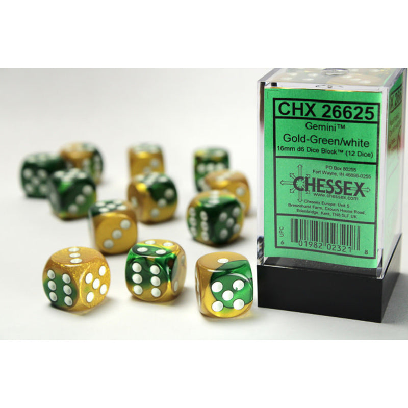 Chessex Gemini 16mm D6 Gold Green/White (12)