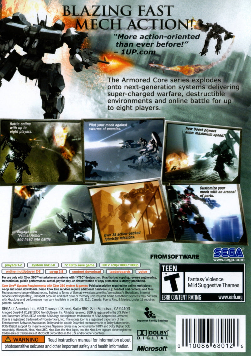 Armored Core 4 Xbox 360 Back Cover