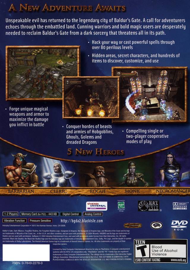 Baldur's Gate Dark Alliance 2 Back Cover - Playstation 2 Pre-Played