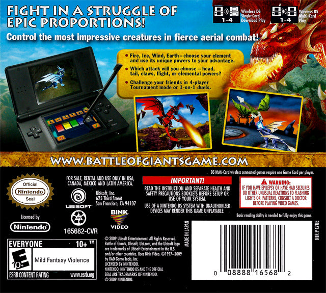 Battle of Giants Dragons Nintendo DS Back Cover