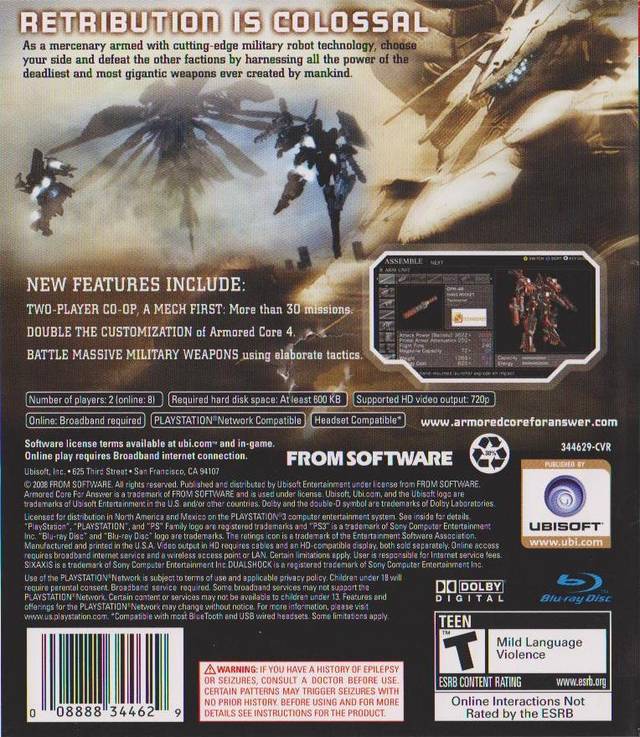 Armored Core For Answer Playstation 3 Back Cover