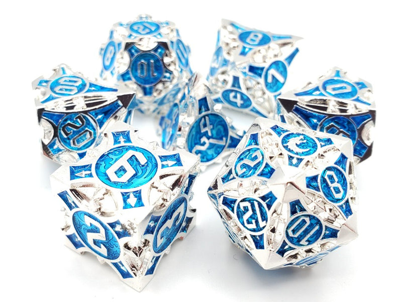 Gnome Forged Silver with Blue - Old School 7 Piece RPG Metal Dice Set
