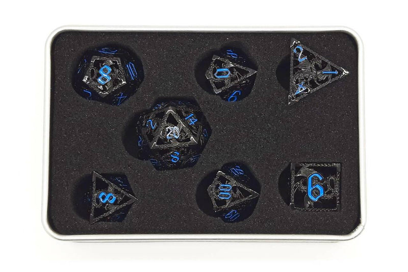 Hollow Dragon Dice: Black with Light Blue - Old School 7 Piece RPG Metal Dice Set