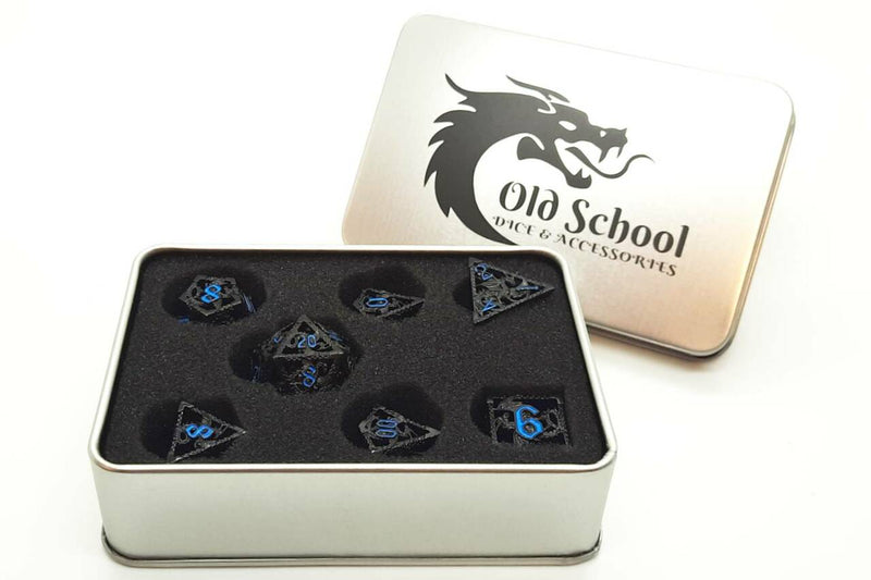 Hollow Dragon Dice: Black with Light Blue - Old School 7 Piece RPG Metal Dice Set