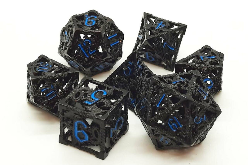 Hollow Dragon Dice: Black with Light Blue - Old School 7 Piece RPG Metal Dice Set