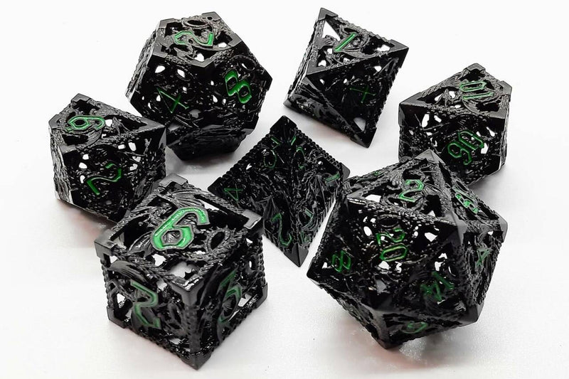 Hollow Dragon Dice: Black with Green - Old School 7 Piece RPG Metal Dice Set