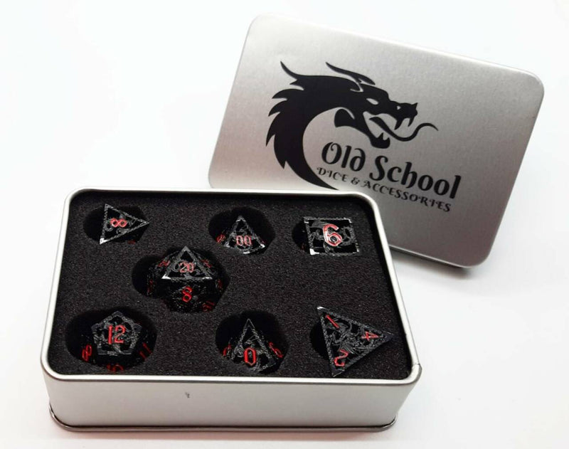 Hollow Dragon Dice: Black with Red - Old School 7 Piece RPG Metal Dice Set