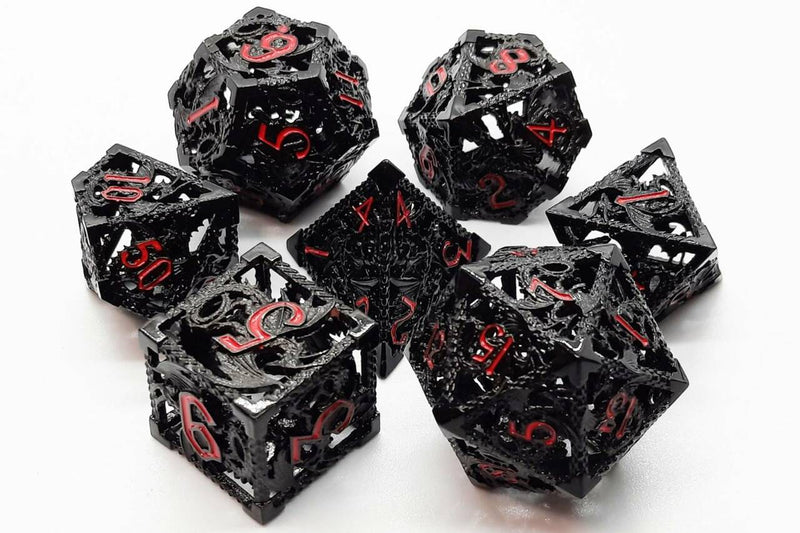 Hollow Dragon Dice: Black with Red - Old School 7 Piece RPG Metal Dice Set