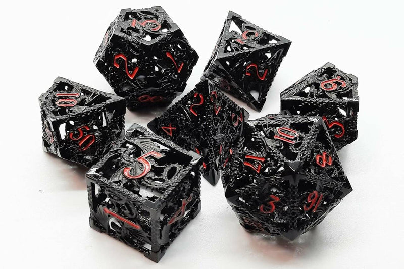 Hollow Dragon Dice: Black with Orange - Old School 7 Piece RPG Metal Dice Set