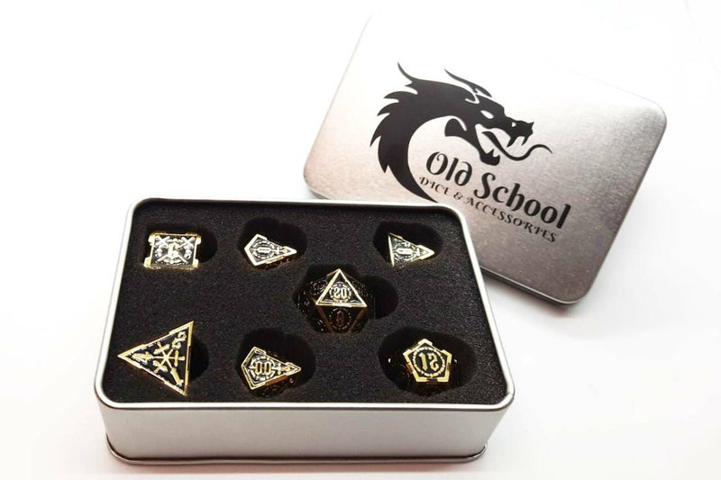 Knights of the Round Table Dice: Black with Gold - Old School 7 Piece RPG Metal Dice Set