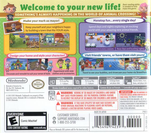Animal Crossing New Leaf Back Cover - Nintendo 3DS Pre-Played
