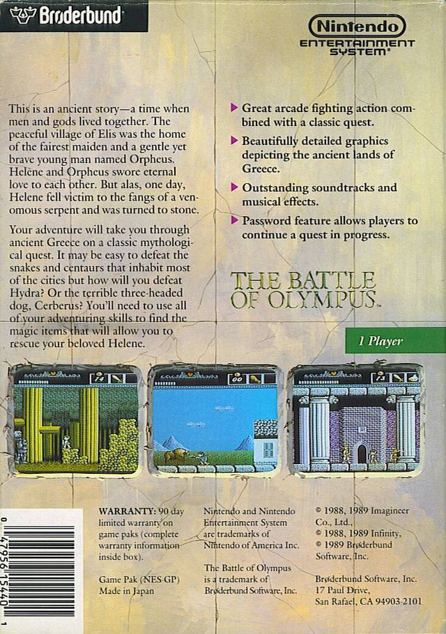Battle of Olympus Back Cover - Nintendo Entertainment System, NES Pre-Played