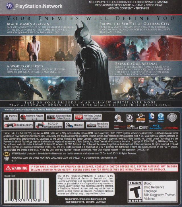 Batman Arkham Origins Back Cover - Playstation 3 Pre-Played