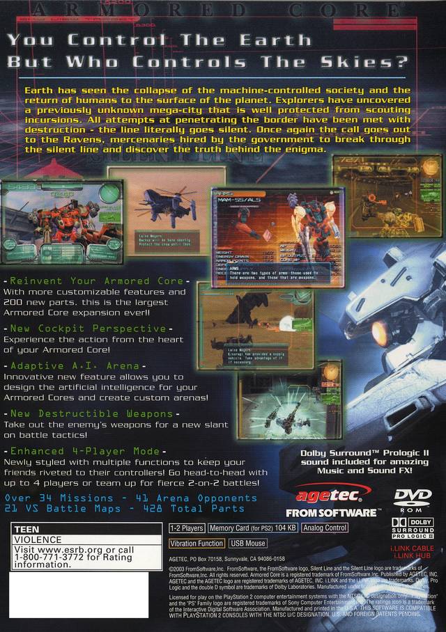 Armored Core Silent Line Playstation 2 Back Cover