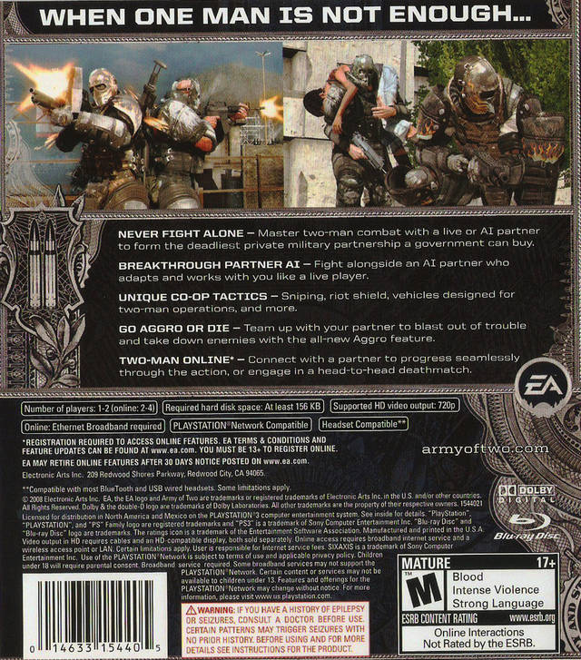 Army of Two Back Cover - Playstation 3 Pre-Played