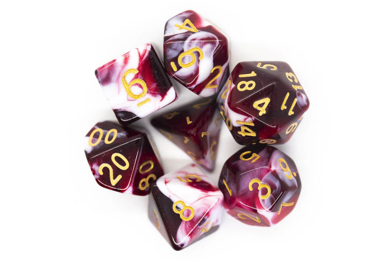 Vorpal: Blood Red & White with Gold - Old School 7 Piece RPG Dice Set