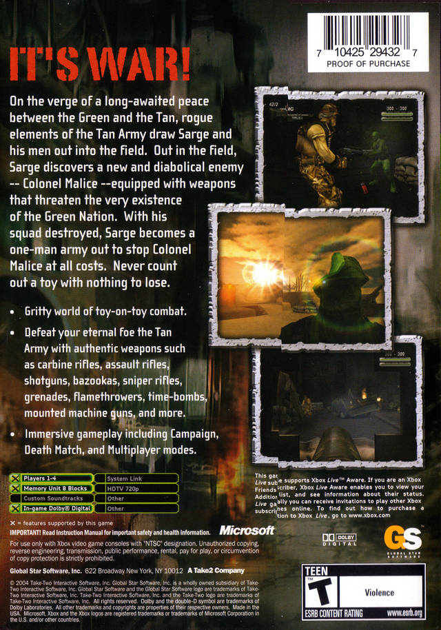 Army Men: Sarge's War Back Cover - Xbox Pre-Played
