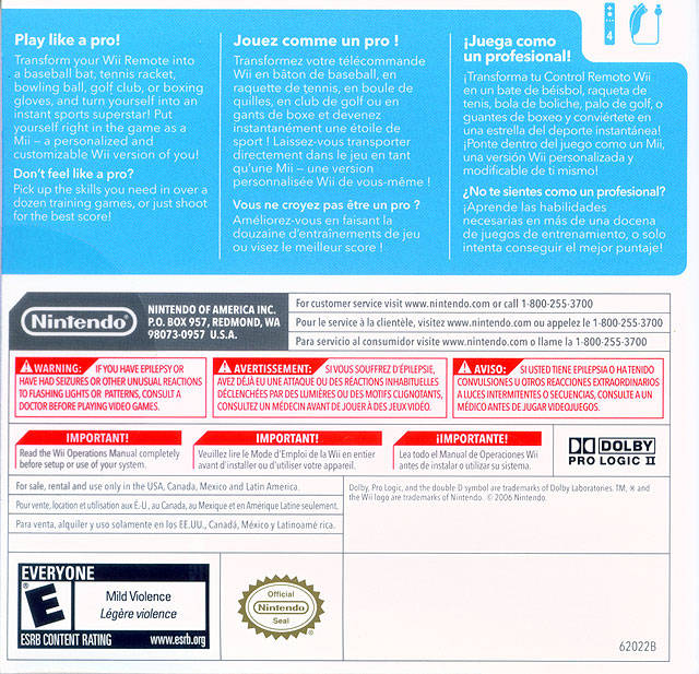 Wii Sports Back Cover- Nintendo Wii 